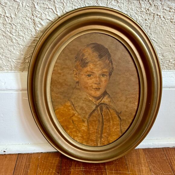 Set of 2 Vintage Victorian Girl & Boy Prints  in Wooden Oval Frames - Picture 6 of 15